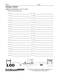 Integers Sprint Add Subtract -10 to 10 